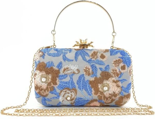 Vintage Embroidered Clutch Purse Floral Handbag Pearl Evening Chain Shoulder Bag Small Clutch Purses for Women Wedding Guest