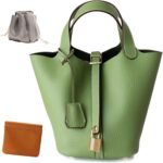 Genuine Leather Lock Design Bucket Bag Vegetable Basket, Fashionable and Versatile Shoulder Handbag