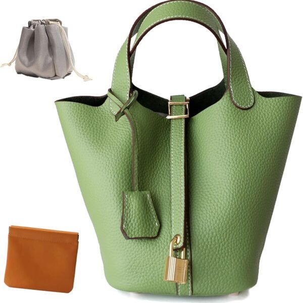 Genuine Leather Lock Design Bucket Bag Vegetable Basket, Fashionable and Versatile Shoulder Handbag