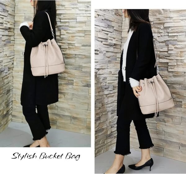 Leather Bucket Bags and Drawstring Crossbody Purse for Women Medium Tote and Hobo Handbags with 2 Shouder Straps