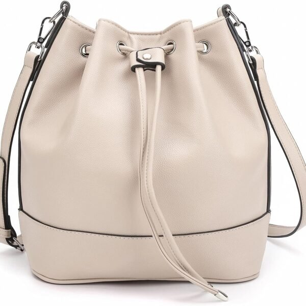 Leather Bucket Bags and Drawstring Crossbody Purse for Women Medium Tote and Hobo Handbags with 2 Shouder Straps